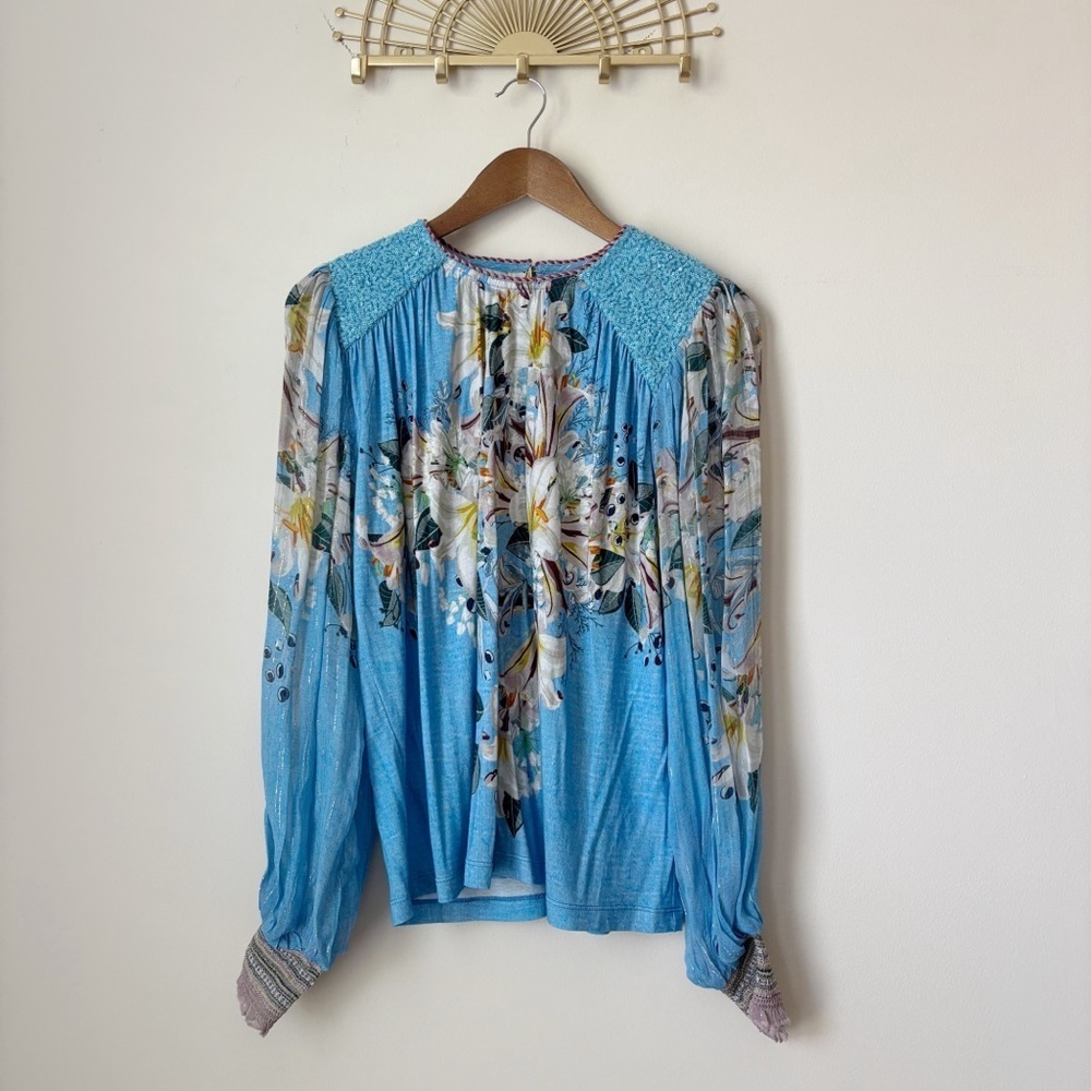 Bl^nk London Blue Floral Sequin Embellished Blouse Small NEW NWT Boho Anthro